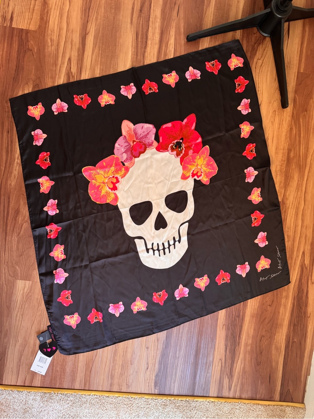 Betsey Johnson Black Scarf with Floral Skull Print